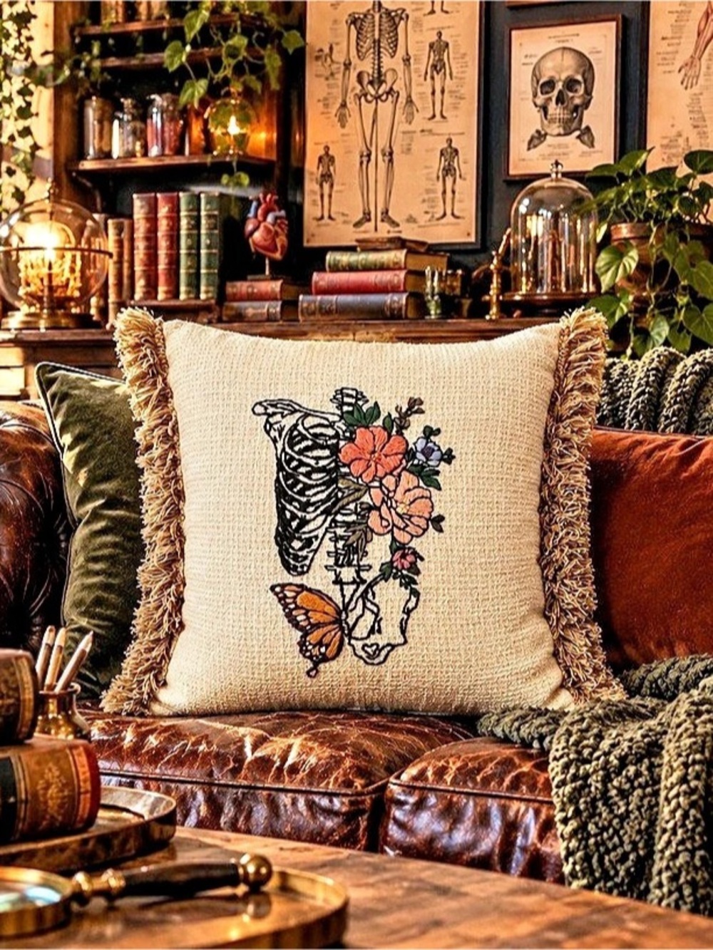Hand Embroidered Halloween Nature Skeleton  Accent Pillow